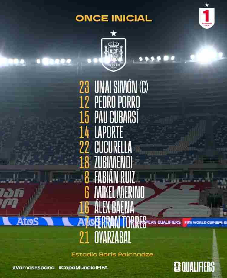 西班牙vs格鲁吉亚首发:费兰单箭头,库巴西、巴埃纳先发